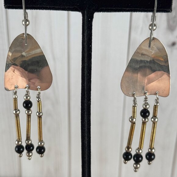 Vintage Disco Mod Earrings Sterling Silver Black Onyx with Gold Tone Coiled Wire - Picture 5 of 5